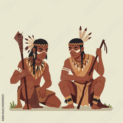 Two Indigenous Men Squatting and Holding Staffs in Traditional Clothing