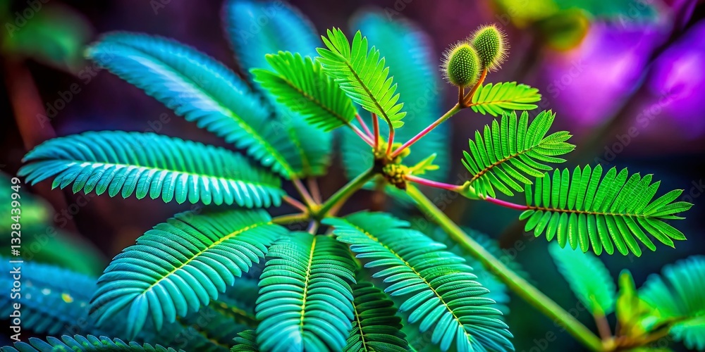 Fototapeta premium Surreal Macro Photography: Sensitive Plant's Fern-like Leaves Closing