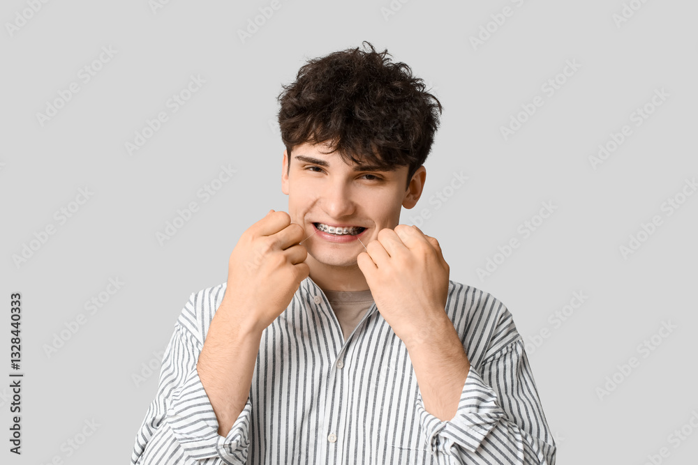 Young man with dental braces flossing teeth on light background Young man with dental braces flossing teeth on light background