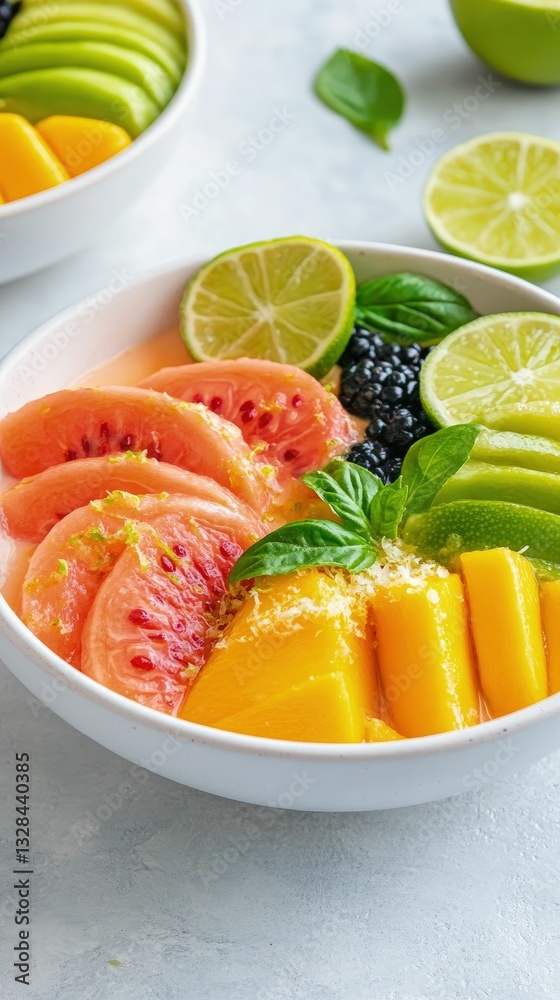 Tropical fruit bowl delight sliced mango and guava kitchen food photography bright light freshness concept Tropical fruit bowl delight sliced mango and guava kitchen food photography bright light freshness concept