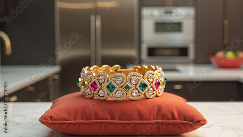 Ornate gold jewelry piece featuring sparkling diamonds and colorful gemstones.