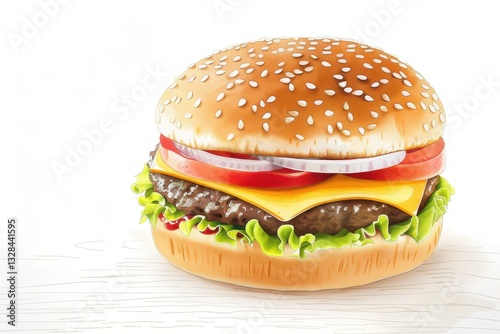 Juicy hamburger with lettuce, tomato, onion, and cheese on a sesame seed bun.