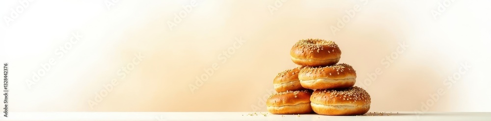 Golden brown sesame bagels, pyramid stack, white backdrop, delicious, bagel Golden brown sesame bagels, pyramid stack, white backdrop, delicious, bagel