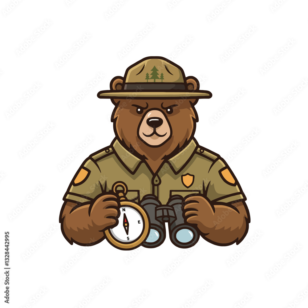 Fototapeta premium Park Ranger Bear Holding Compass and Binoculars Logo