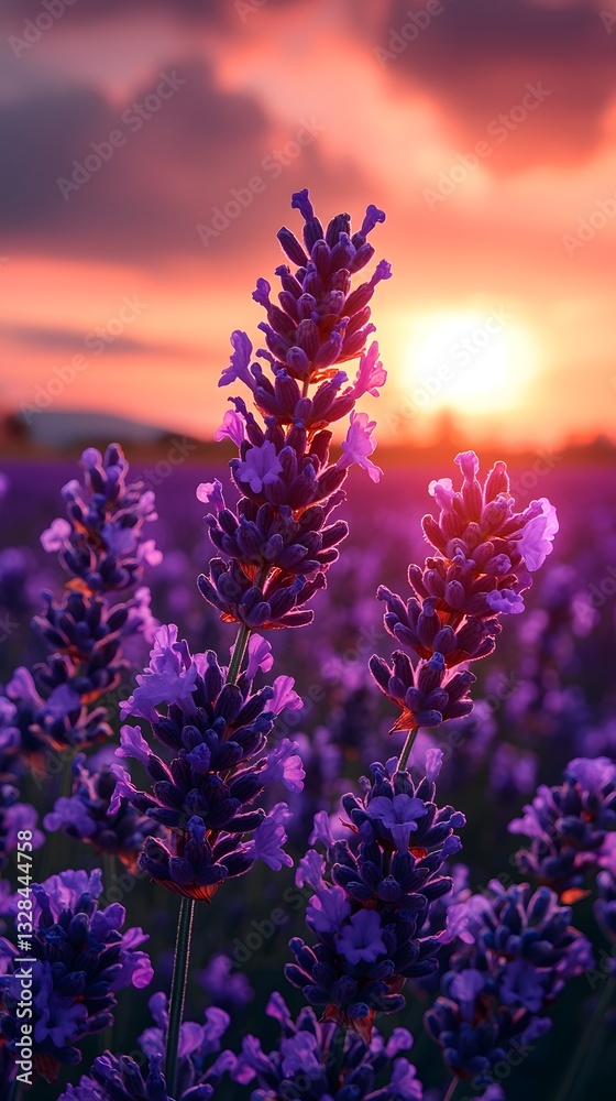 Fototapeta premium Tranquil Lavender Field Stretching Toward Glowing Sunrise Symbolizing Calm and Renewal