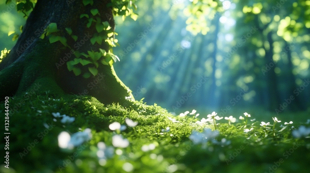 Fototapeta premium Sunlight beams through lush green forest, tree, wildflowers, and moss