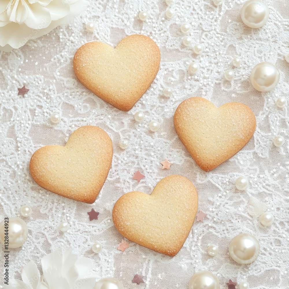 Obraz premium Whimsical flat lay of heart-shaped mini biscuits elegant table setting food photography soft lighting romantic concept