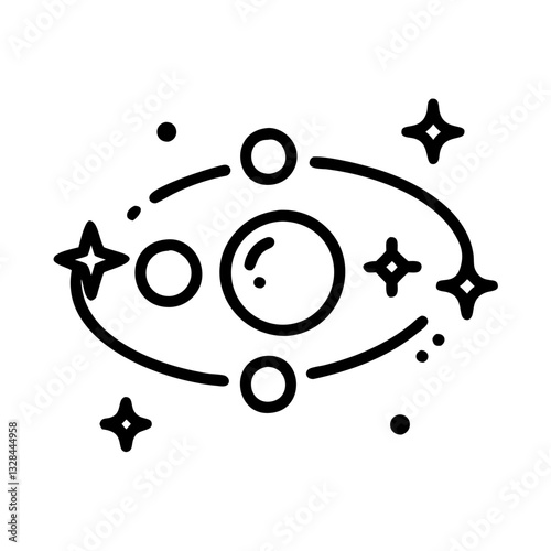 Expanding universe with orbiting celestial bodies line art icon