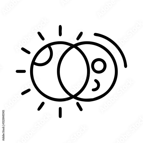 Solar eclipse with overlapping sun and moon line art icon