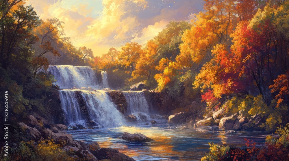 Fototapeta premium Autumn Waterfall Landscape Golden foliage frames cascading water, tranquil pool, sunset sky; nature calendar