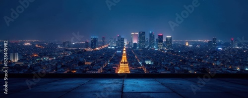 Night skyline of Bangkok, empty asphalt foreground, towers, city, cityscape
