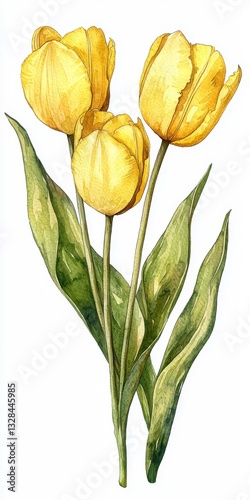 Yellow Tulips with Fresh Green Leaves in a Beautiful Watercolor Style for Spring and Nature Themes