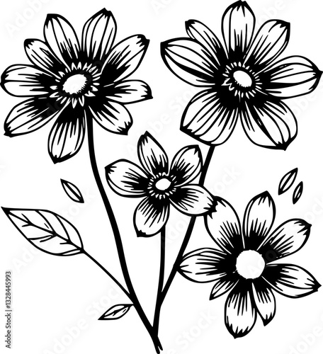 Monochrome hand-drawn minimalist black and white sketchy flowers illustration with elegant petals and intricate details for backgrounds prints cards and decorative designs