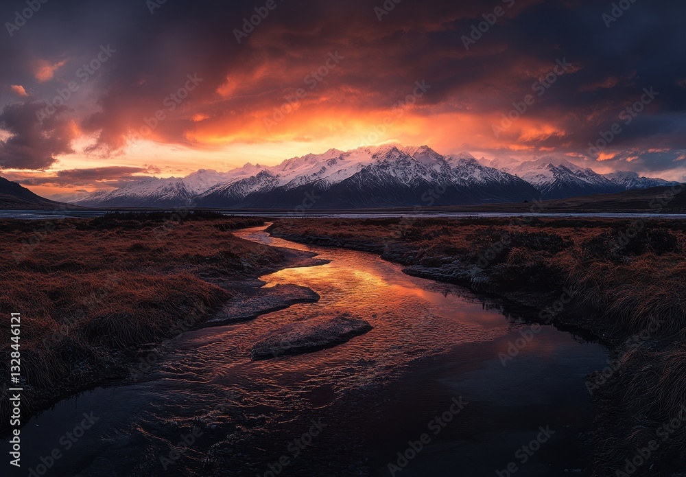 Fototapeta premium Serene Sunset Over Snow-Capped Mountains with Flowing River and Dramatic Sky Reflecting Warm Tones