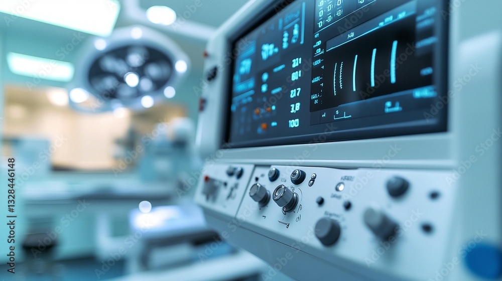 Close-up of medical monitor in operating room, showing vital signs and controls. Close-up of medical monitor in operating room, showing vital signs and controls.