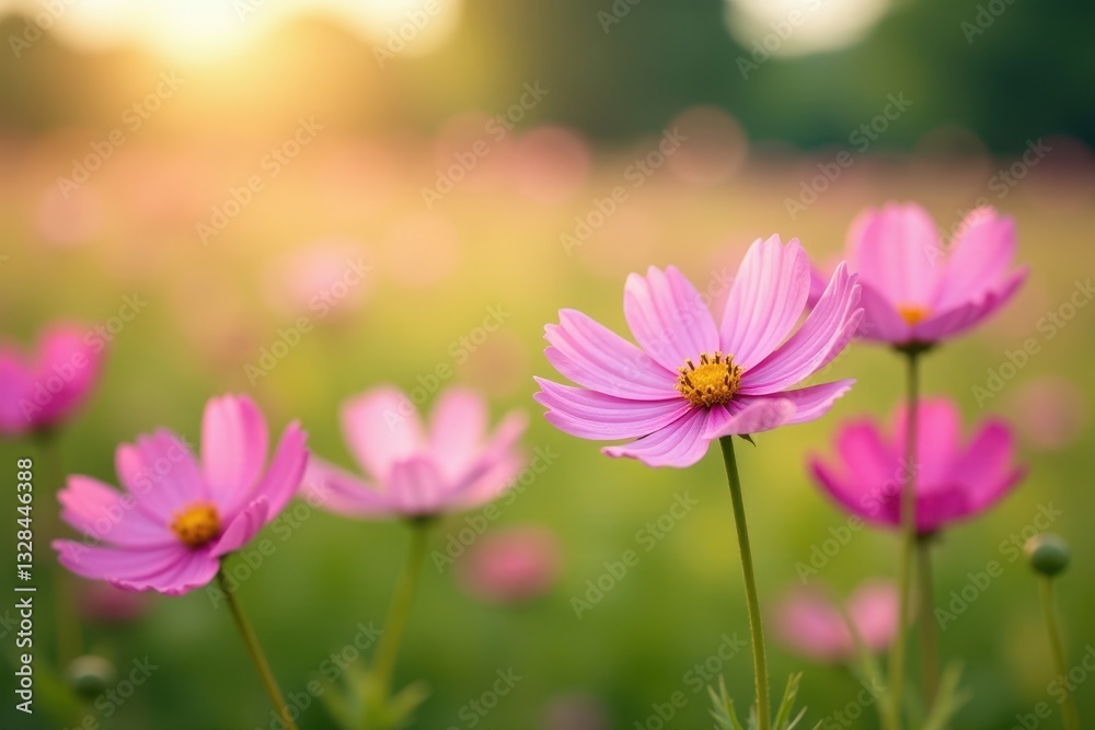 Pink cosmos flowers sway gently in a summer field , blossom, plant Pink cosmos flowers sway gently in a summer field , blossom, plant