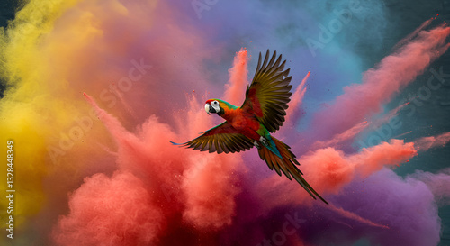 Flying Ara parrot over colourful powder explosion,colours, genus, design, fauna, artistic, isolate