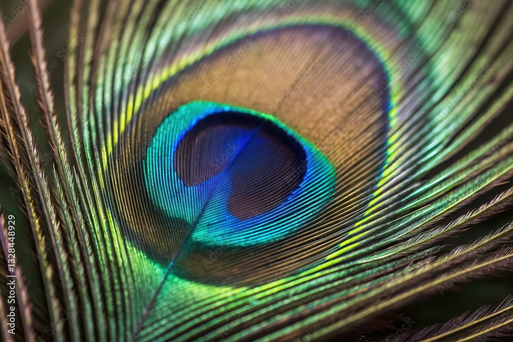 Fototapeta premium Peacock Feather Displaying Vibrant Iridescence in Close up View Generative AI