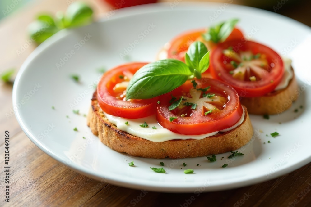 Sliced tomatoes, basil, garlic bruschetta on white plate, fresh, cooking