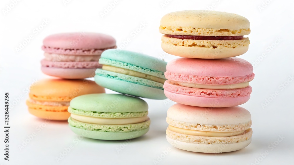 Colorful Macarons in Pastel Shades, Neatly Stacked, Isolated on a White Background, Elegant Dessert Photography Perfect for bakery branding and luxury dessert marketing. Colorful Macarons in Pastel Shades, Neatly Stacked, Isolated on a White Background, Elegant Dessert Photography Perfect for bakery branding and luxury dessert marketing.