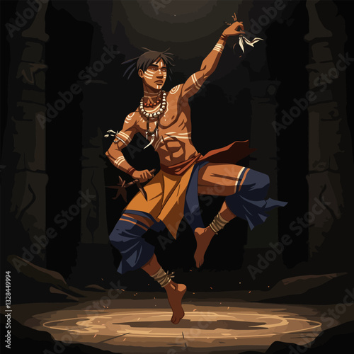 Man Performing Ritual Dance with Body Paint in a Dark Cave