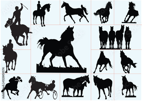 021-32-Black silhouettes of horses and jockeys engaged in various equestrian activities create a dynamic and evocative scene. Hand drawn illustration