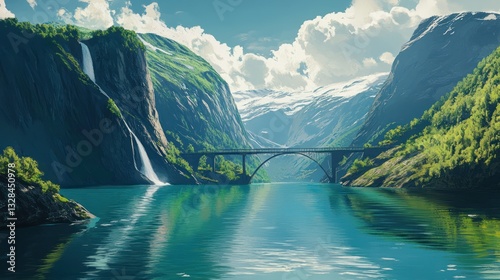 Mountain bridge, fjord, waterfall, serene landscape, travel