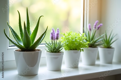 A cozy window with potted flowers and a cactus decorating the interior	
 photo