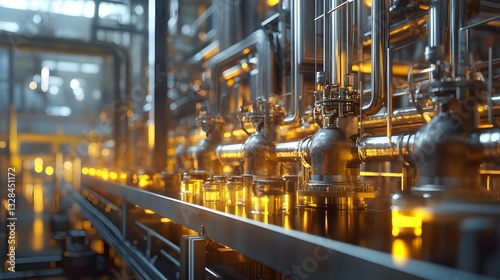 A factory with many pipes and valves. The pipes are yellow and the valves are silver. The image has a futuristic feel to it