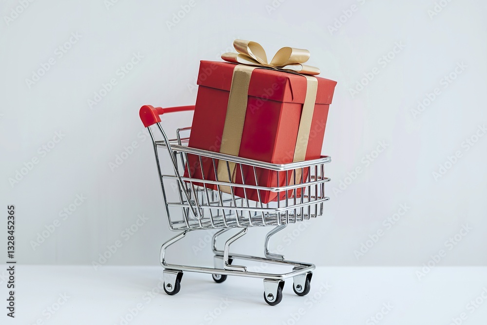 A red gift box is inside a small shopping cart A red gift box is inside a small shopping cart
