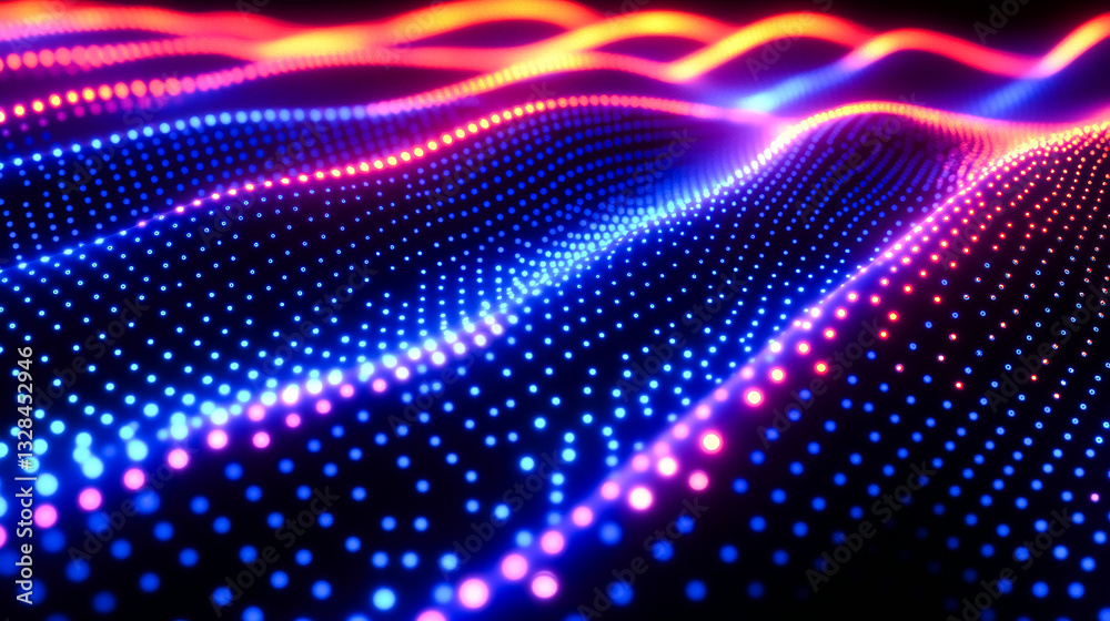 Digital background with glowing blue and orange dots on a dark wave in a technology futuristic concept. Digital background with glowing blue and orange dots on a dark wave in a technology futuristic concept.