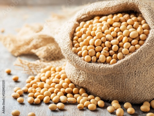 Soybeans in burlap sack for rustic wood background.