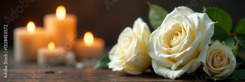 White roses, flickering candles, peaceful setting, white roses, candlestick, chapel