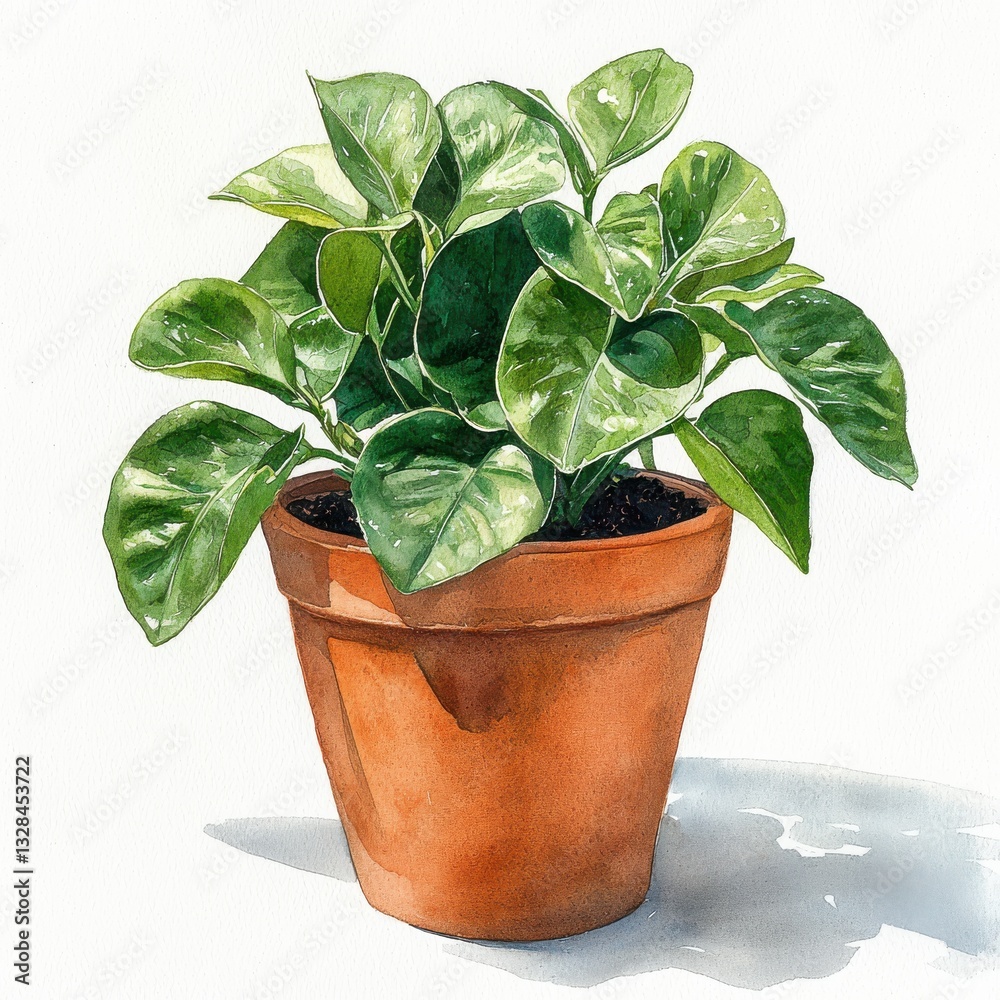 Fototapeta premium Lush Green Potted Plant with Shiny Leaves in a Terracotta Pot Perfect for Home Decor and Indoor Gardening Enthusiasts