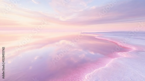 A stunning view of a serene pink salt lake reflecting soft pastel skies and surrounded by sandy shores showcasing the rare natural phenomenon of pink algae.
