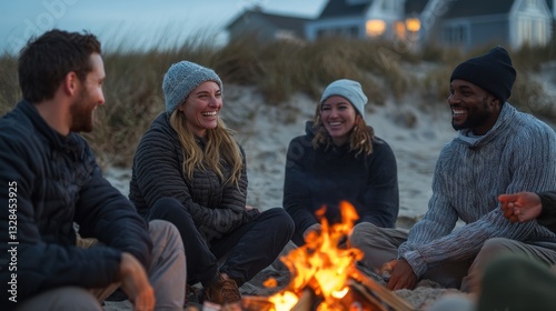 Friends Gathered Around a Campfire on the Beach During Dusk, Sharing Stories and Laughter in a Cozy Atmosphere