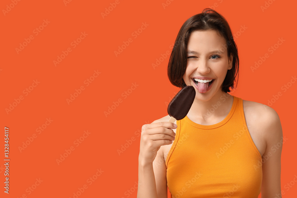 Beautiful young woman with chocolate covered sweet ice-cream showing tongue on orange background Beautiful young woman with chocolate covered sweet ice-cream showing tongue on orange background