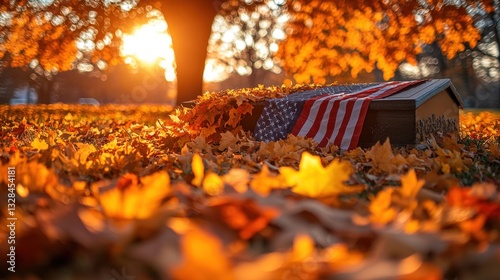 Autumn sunset, American flag draped coffin, leaves