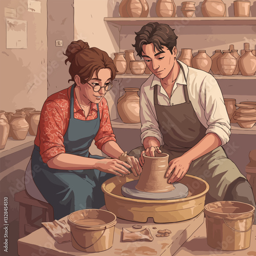 Couple Creates Pottery Together on Wheel in Art Studio Setting