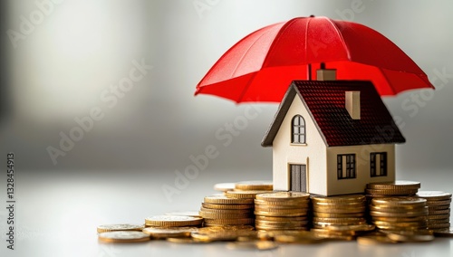 Small model house with a red umbrella resting on piles of coins representing real estate investment and financial protection concept for stock photos.