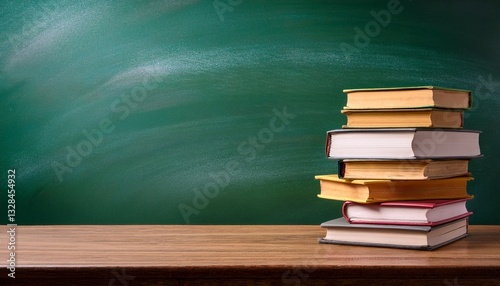 stack of books on wooden table in a classroom green chalkboard in the background