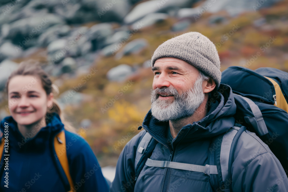 Ageless adventures: Elderly man enjoying hiking in the mountains with young travelers. Ageless adventures: Elderly man enjoying hiking in the mountains with young travelers.