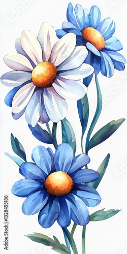 Beautiful illustration of blue and white flowers with vibrant colors and delicate petals, showcasing nature's elegance and charm.