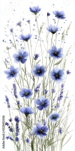 Delicate Blue Wildflowers on White Background with Green Grass and Soft Textures for Nature-Inspired Decor