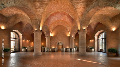 Grand, arched brick winery interior. photo