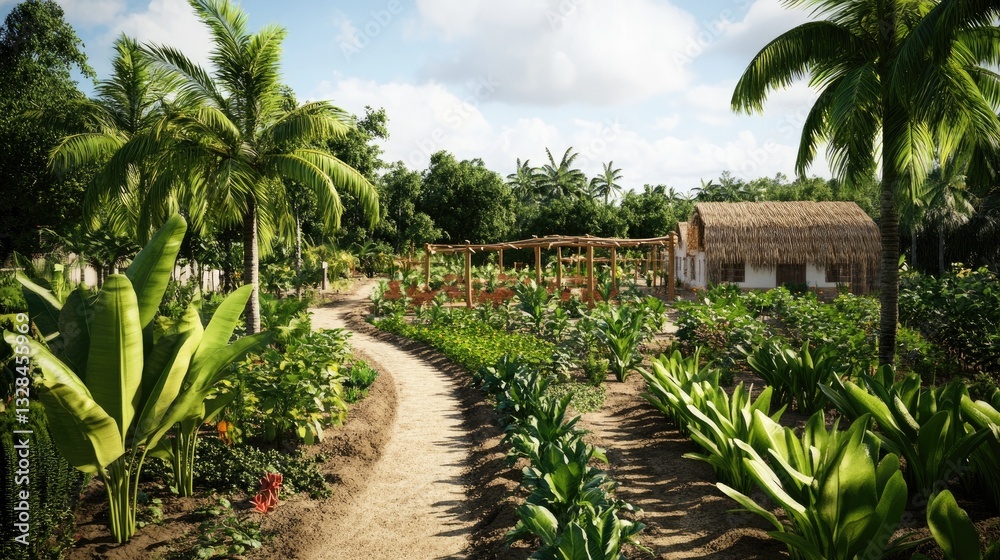 Fototapeta premium Tropical Garden Path to Hut.
