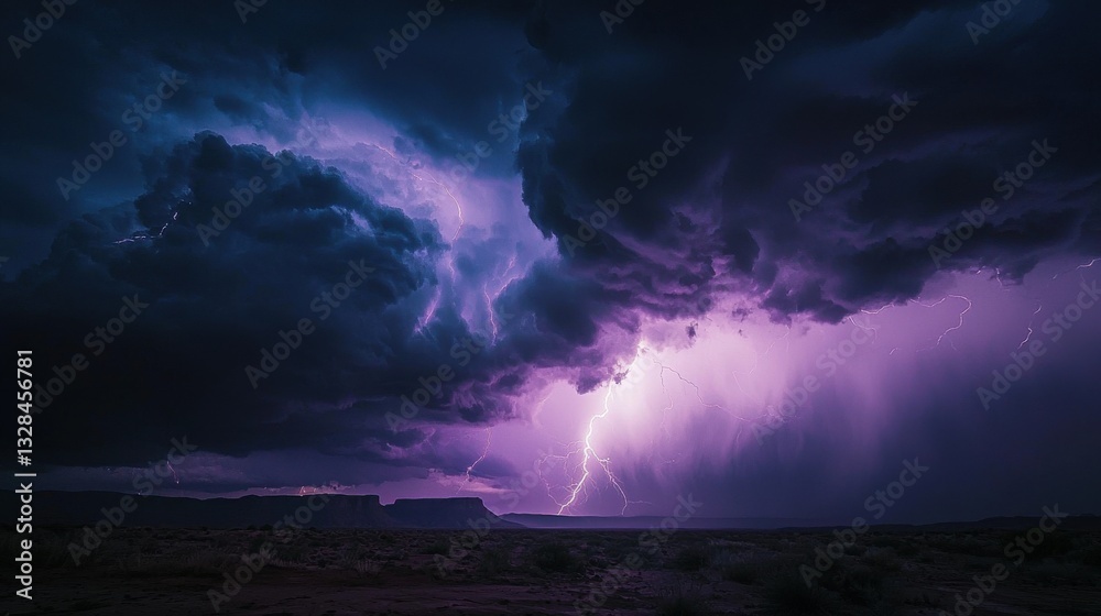 Dramatic Thunderstorm with Lightning Strikes Over a Desert Landscape at Dusk Dramatic Thunderstorm with Lightning Strikes Over a Desert Landscape at Dusk