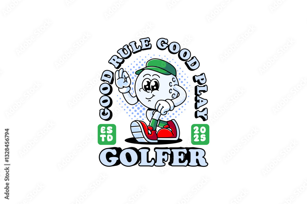 golf ball retro cartoon character mascot illustration with wearing cap, walking pose and showing ok check hand for golf sport club mascots and merchandise golf ball retro cartoon character mascot illustration with wearing cap, walking pose and showing ok check hand for golf sport club mascots and merchandise