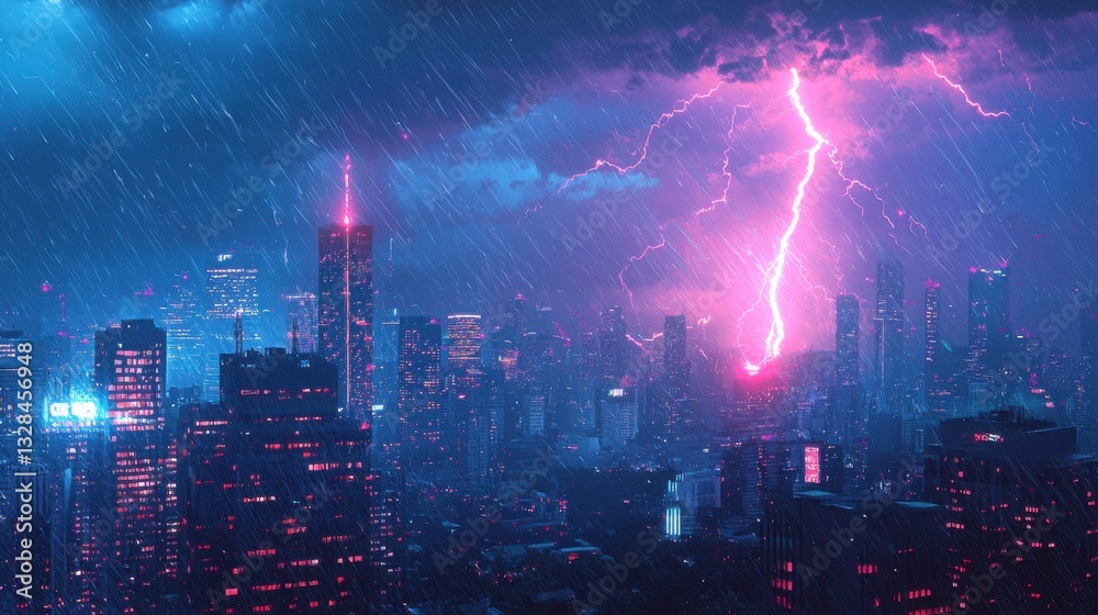 Naklejka premium Dramatic Thunderstorm Over Urban Skyline with Bright Lightning Strikes and Colorful City Lights at Night