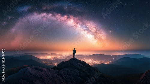 Person Standing on Mountain Under Milky Way Night Sky